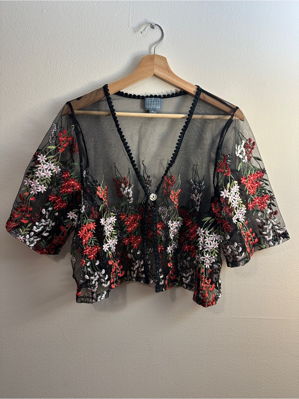 Rabbit Rabbit Rabbit Black Sheer Floral Embroidered Cropped Blouse